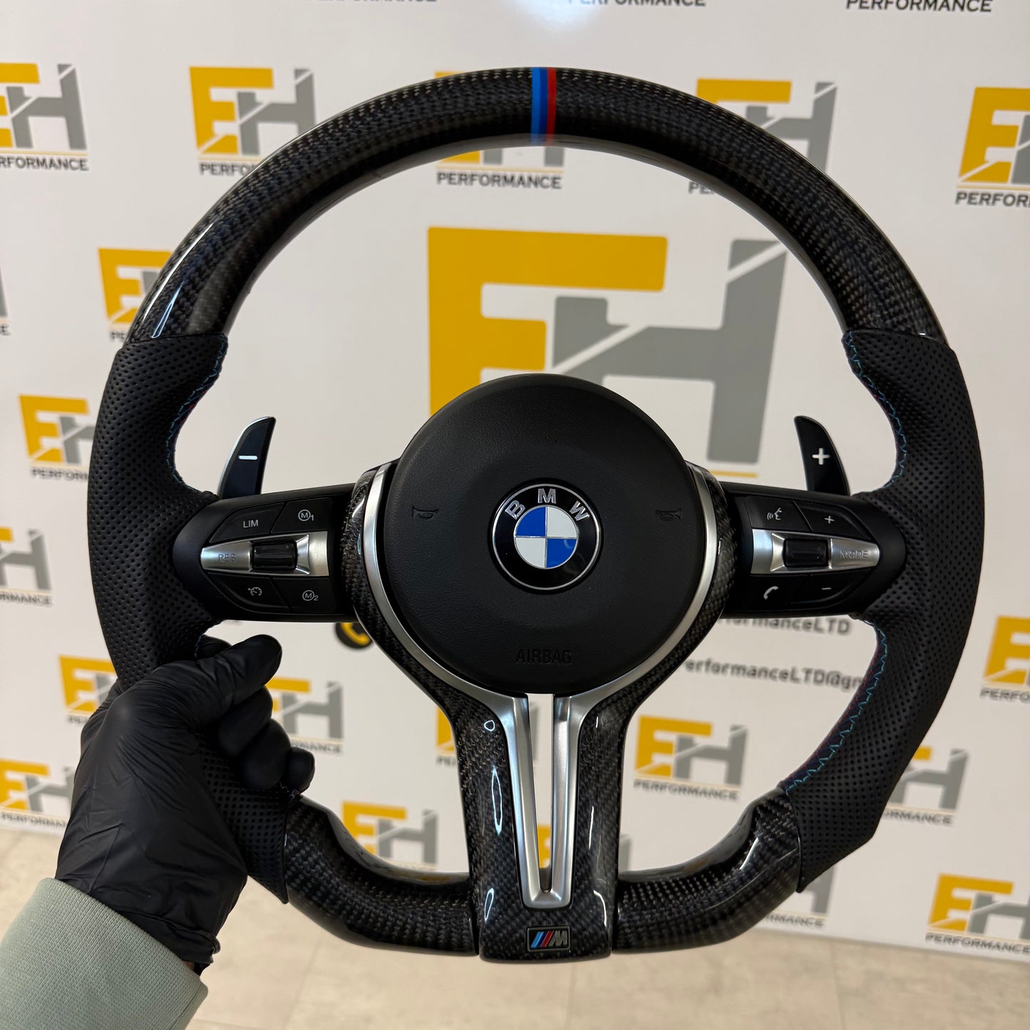 BMW F20 / F30 Custom Carbon Fibre Steering Wheel | Flat Bottom | M Sport Tri-Colour Centre Stripe