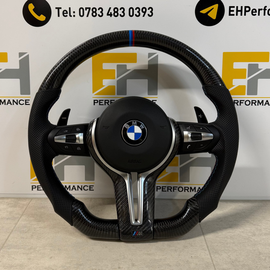 BMW F20 / F30 Custom Carbon Fibre Steering Wheel | Flat Bottom | M Sport Tri-Colour Centre Stripe