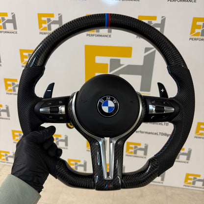 BMW F20 / F30 Custom Carbon Fibre Steering Wheel | Flat Bottom | M Sport Tri-Colour Centre Stripe